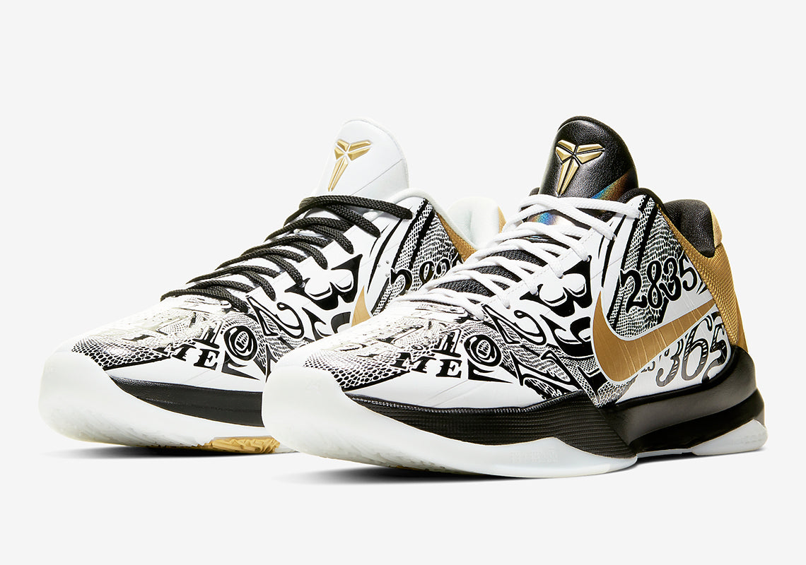 Kobe 5 Protro White, Black, and Gold Colorway